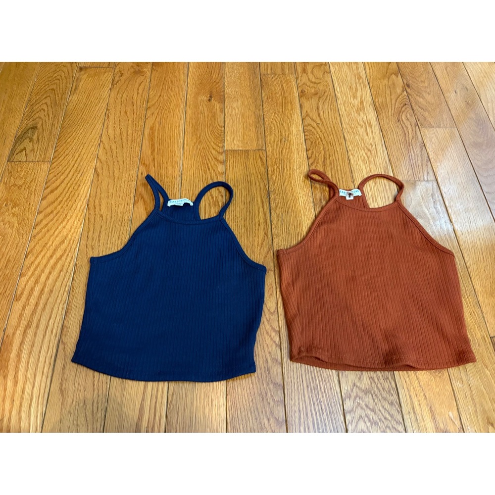 Earthbound Trading Co Ribbed Halter Crop Top Set Navy Rust Orange Small 2PK